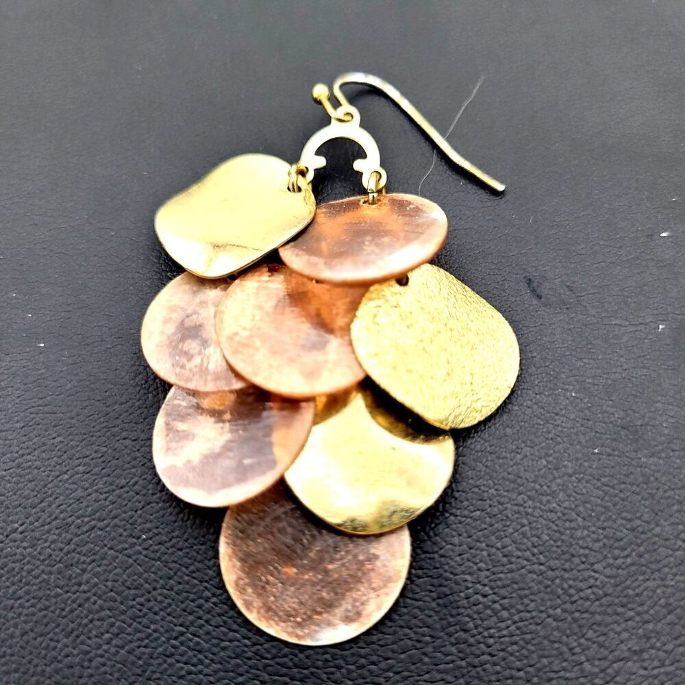 Metal & Mother of Pearl Disc Chandelier Earrings Goldtone Metal Hook Back 2" - Picture 3 of 5